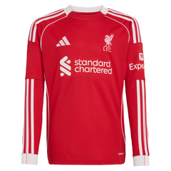 Liverpool adidas Youth 2025/26 Home Custom Long Sleeve Jersey - Red Adidas
