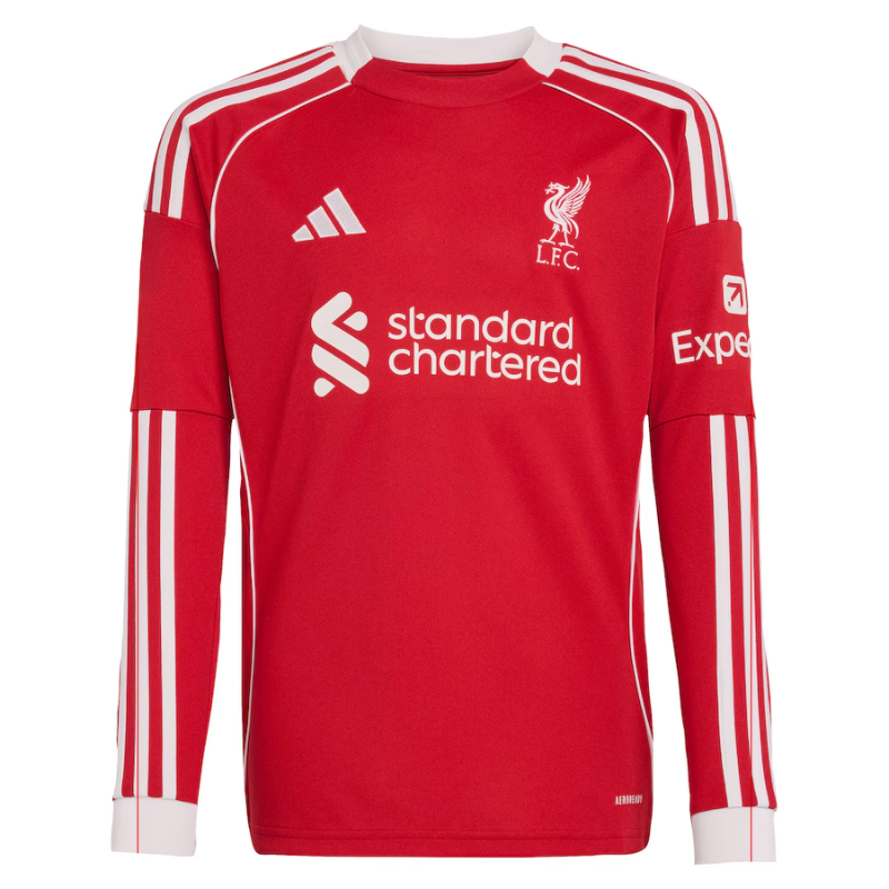 Liverpool adidas Youth 2025/26 Home Custom Long Sleeve Jersey - Red Adidas