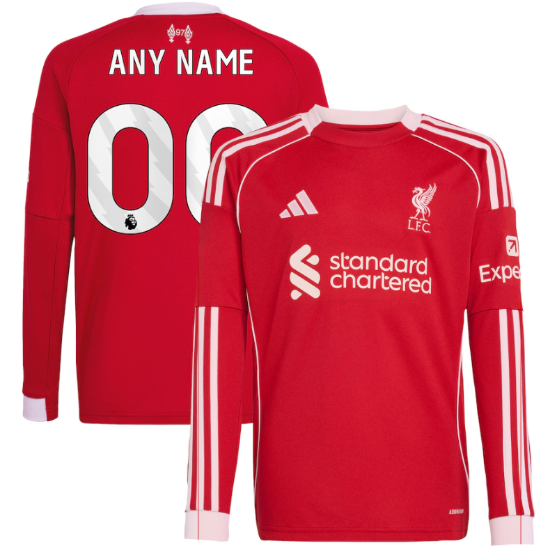 Liverpool adidas Youth 2025/26 Home Custom Long Sleeve Jersey - Red Adidas