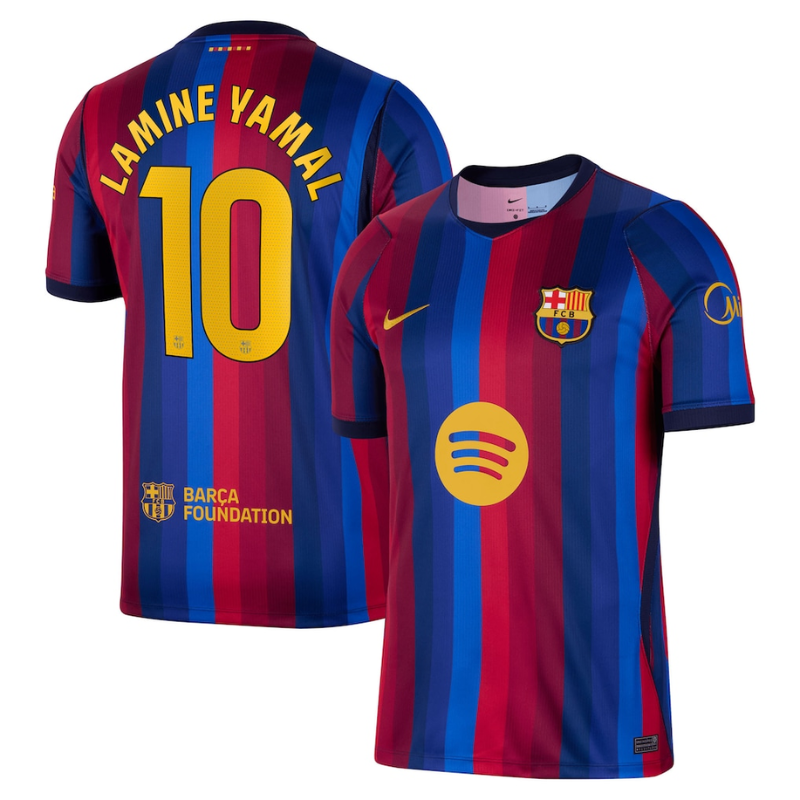 Blue & Red Striped Performance Football Jersey with Yellow Trim – Premium Soccer Shirt (Yamal)
